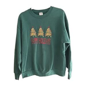 Vintage Green Happy Holidays Embroidered USA Pullover Sweatshirt Womans Size XL
